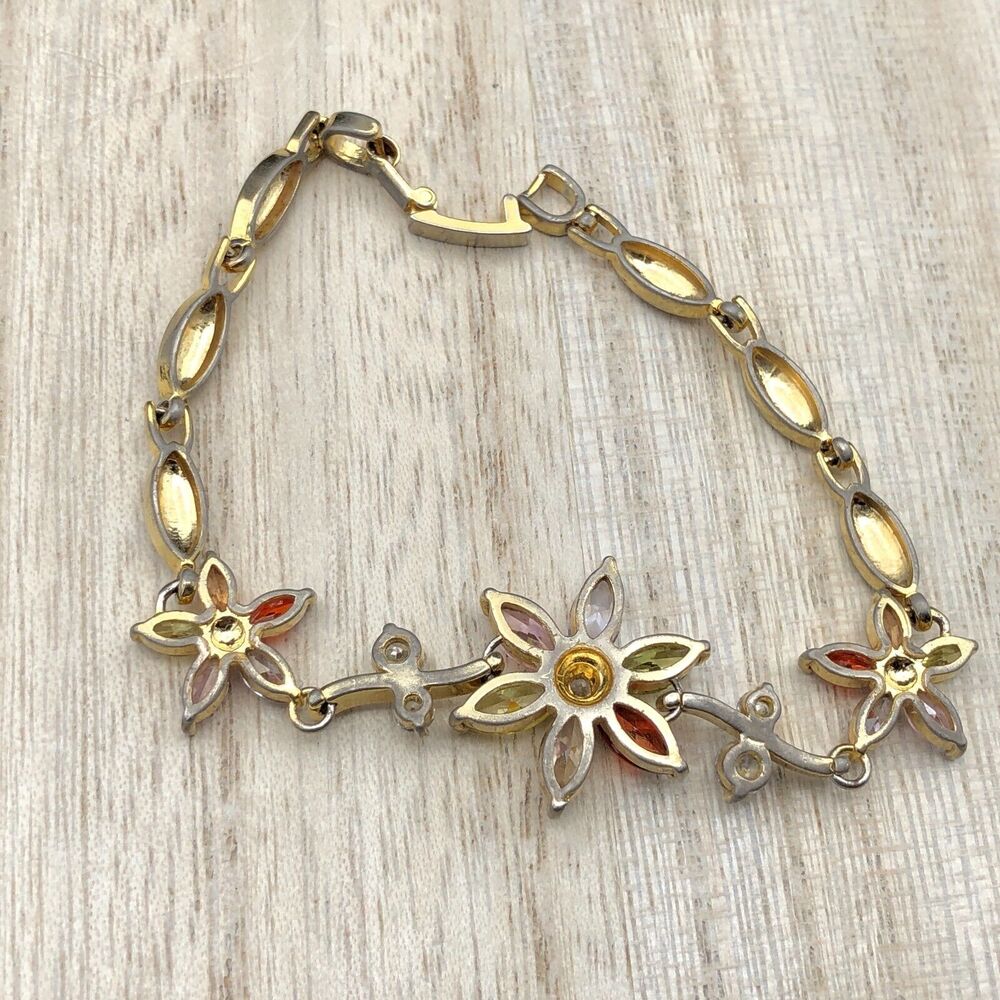 Multi Color Crystal Bracelet 6.5 inch Rhinestone Flower Link Leaf Vine Gold Tone - Picture 8 of 10